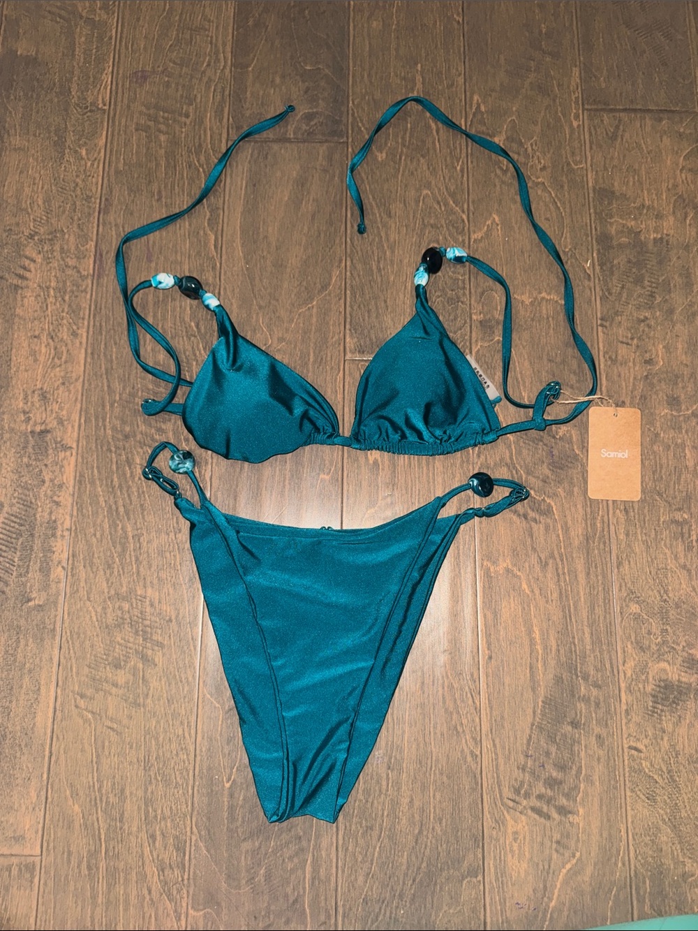 Samiol Turquoise Ruched Rhinestones Bikini Set